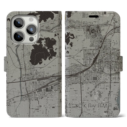 【岡山2（岡山県）】地図柄iPhoneケース（手帳タイプ）モノトーン・iPhone 15 Pro 用