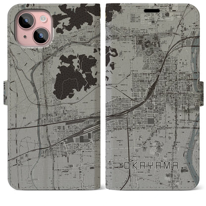 【岡山2（岡山県）】地図柄iPhoneケース（手帳タイプ）モノトーン・iPhone 15 Plus 用