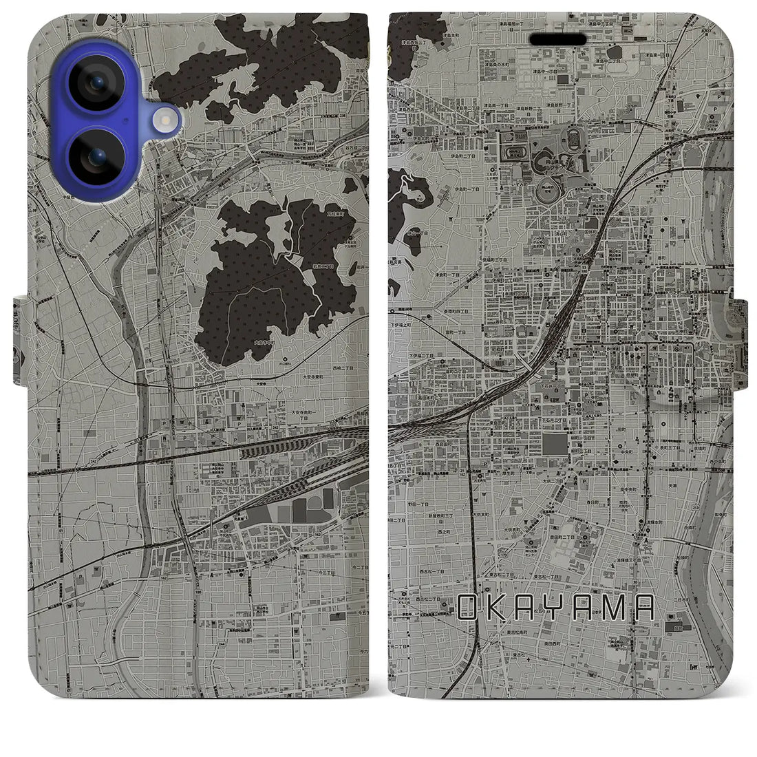 【岡山2(岡山県)】地図柄iPhoneケース(手帳タイプ)モノトーン・iPhone 16 Pro Max 用