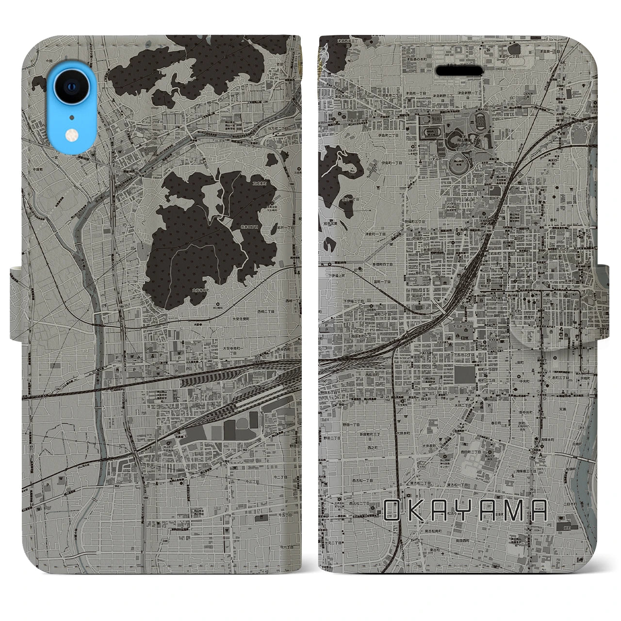 【岡山2】地図柄iPhoneケース（手帳両面タイプ・モノトーン）iPhone XR 用