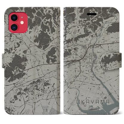 【岡山（岡山県）】地図柄iPhoneケース（手帳タイプ）モノトーン・iPhone 11 用