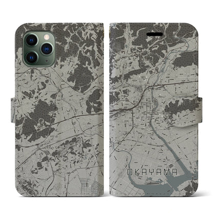 【岡山（岡山県）】地図柄iPhoneケース（手帳タイプ）モノトーン・iPhone 11 Pro 用