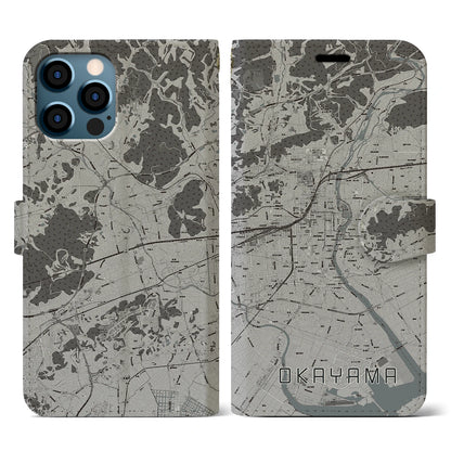 【岡山（岡山県）】地図柄iPhoneケース（手帳タイプ）モノトーン・iPhone 12 / 12 Pro 用