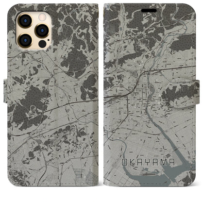 【岡山（岡山県）】地図柄iPhoneケース（手帳タイプ）モノトーン・iPhone 12 Pro Max 用