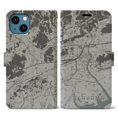 【岡山（岡山県）】地図柄iPhoneケース（手帳タイプ）モノトーン・iPhone 13 用