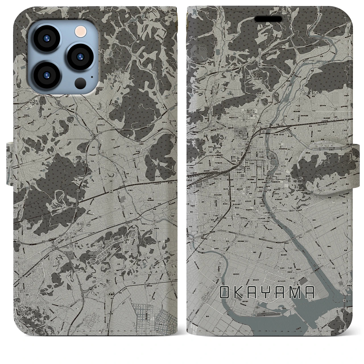 【岡山】地図柄iPhoneケース（手帳両面タイプ・モノトーン）iPhone 13 Pro Max 用
