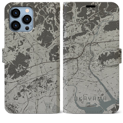 【岡山（岡山県）】地図柄iPhoneケース（手帳タイプ）モノトーン・iPhone 13 Pro Max 用