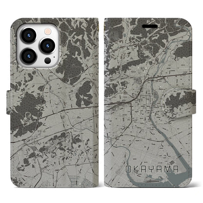 【岡山（岡山県）】地図柄iPhoneケース（手帳タイプ）モノトーン・iPhone 13 Pro 用