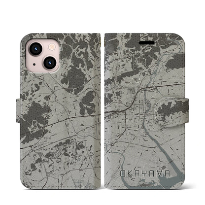 【岡山（岡山県）】地図柄iPhoneケース（手帳タイプ）モノトーン・iPhone 13 mini 用