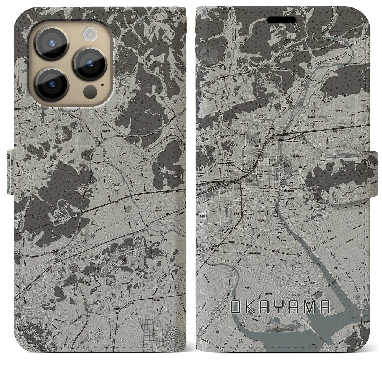 【岡山】地図柄iPhoneケース（手帳両面タイプ・モノトーン）iPhone 14 Pro Max 用