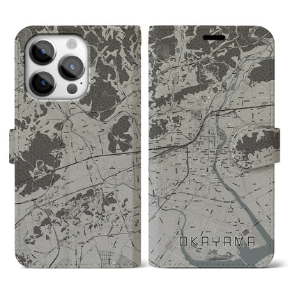【岡山（岡山県）】地図柄iPhoneケース（手帳タイプ）モノトーン・iPhone 14 Pro 用
