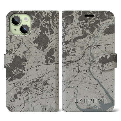 【岡山（岡山県）】地図柄iPhoneケース（手帳タイプ）モノトーン・iPhone 15 用