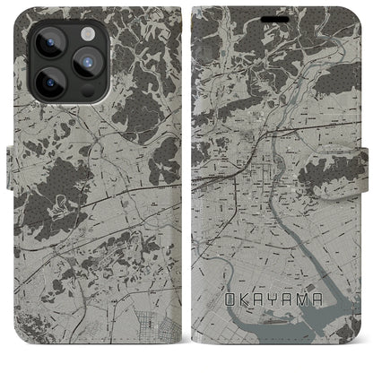 【岡山（岡山県）】地図柄iPhoneケース（手帳タイプ）モノトーン・iPhone 15 Pro Max 用