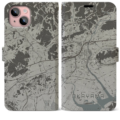 【岡山（岡山県）】地図柄iPhoneケース（手帳タイプ）モノトーン・iPhone 15 Plus 用