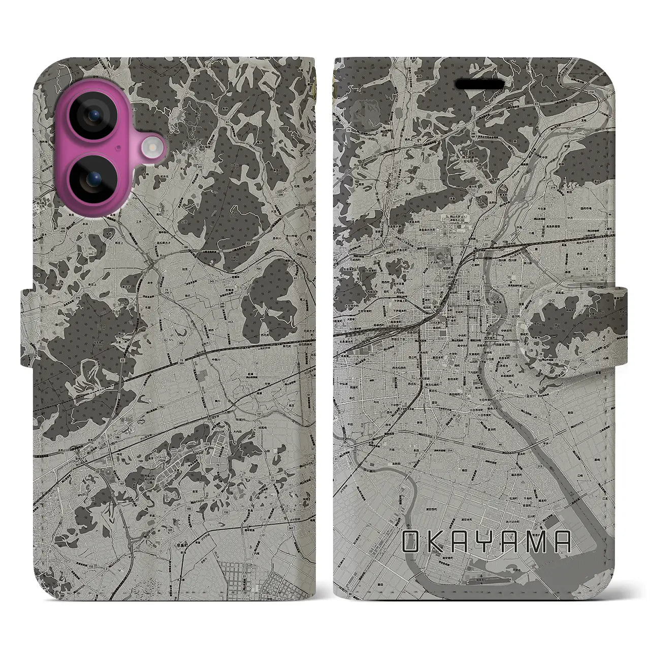 【岡山（岡山県）】地図柄iPhoneケース（手帳タイプ）モノトーン・iPhone 16 Pro 用