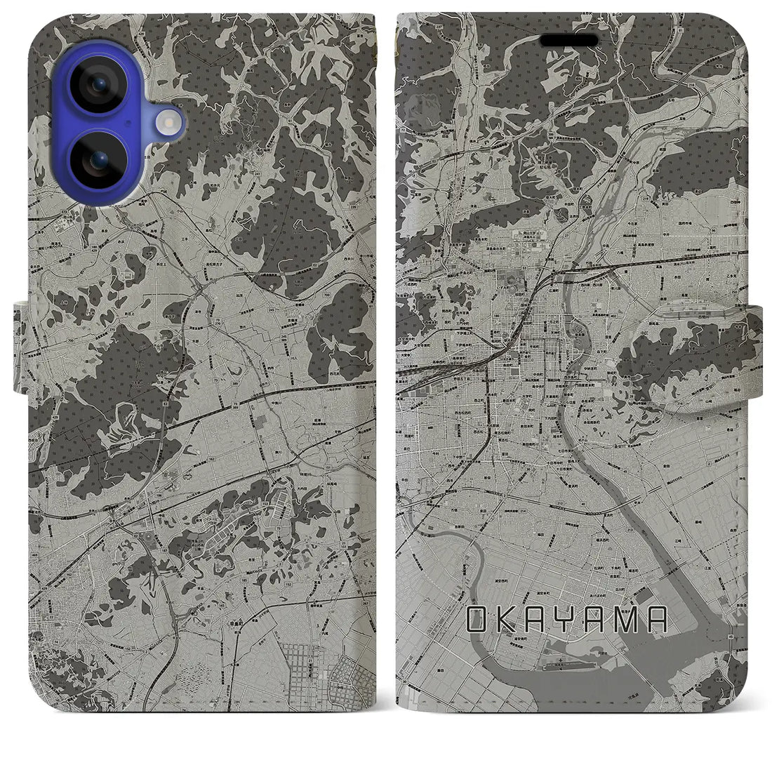 【岡山(岡山県)】地図柄iPhoneケース(手帳タイプ)モノトーン・iPhone 16 Pro Max 用