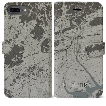 【岡山（岡山県）】地図柄iPhoneケース（手帳タイプ）モノトーン・iPhone 8Plus /7Plus / 6sPlus / 6Plus 用