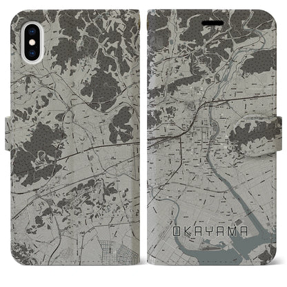 【岡山（岡山県）】地図柄iPhoneケース（手帳タイプ）モノトーン・iPhone XS Max 用
