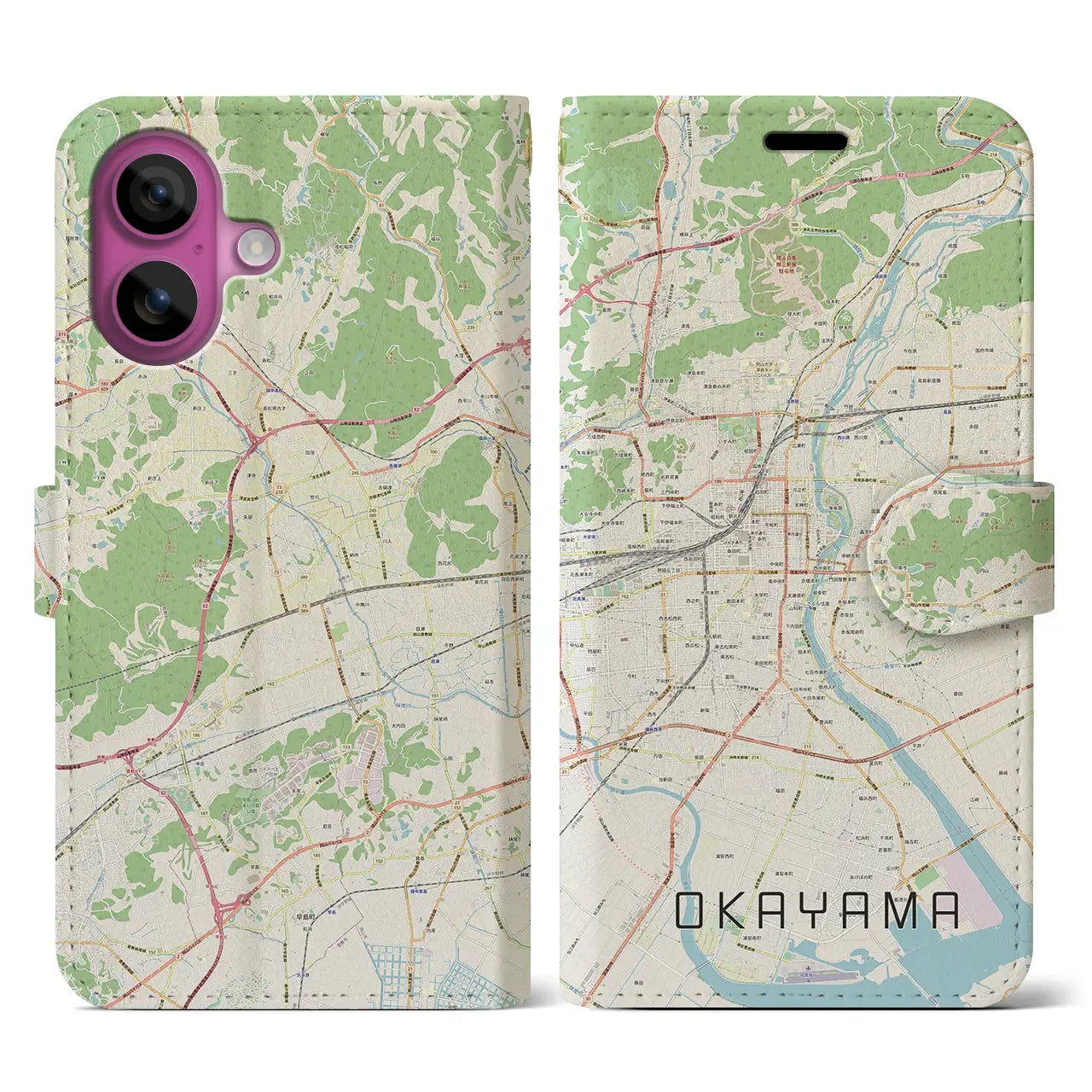 【岡山（岡山県）】地図柄iPhoneケース（手帳タイプ）ナチュラル・iPhone 16 Pro 用