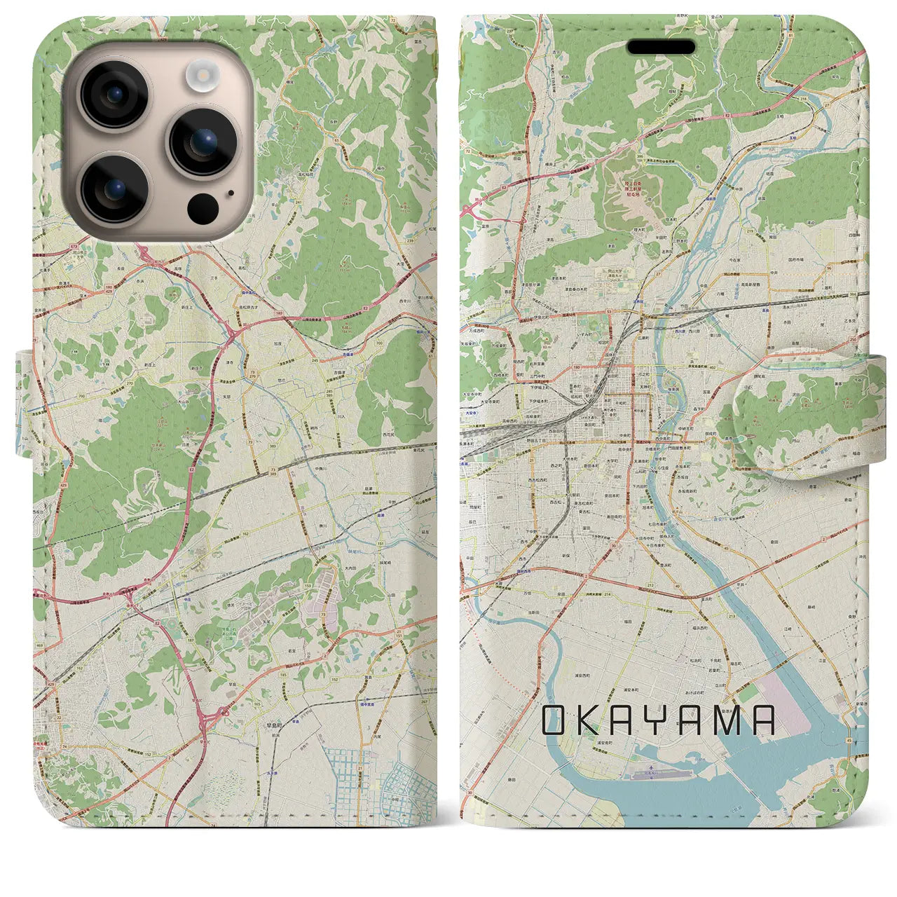 【岡山（岡山県）】地図柄iPhoneケース（手帳タイプ）ナチュラル・iPhone 16 Plus 用