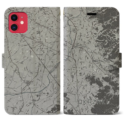 【岡崎（愛知県）】地図柄iPhoneケース（手帳タイプ）モノトーン・iPhone 11 用