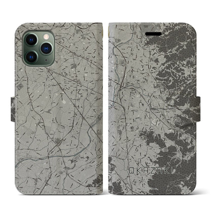 【岡崎（愛知県）】地図柄iPhoneケース（手帳タイプ）モノトーン・iPhone 11 Pro 用