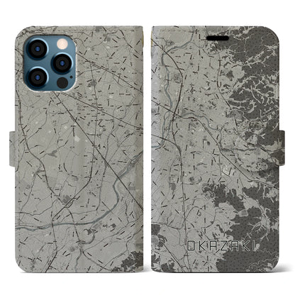 【岡崎（愛知県）】地図柄iPhoneケース（手帳タイプ）モノトーン・iPhone 12 / 12 Pro 用