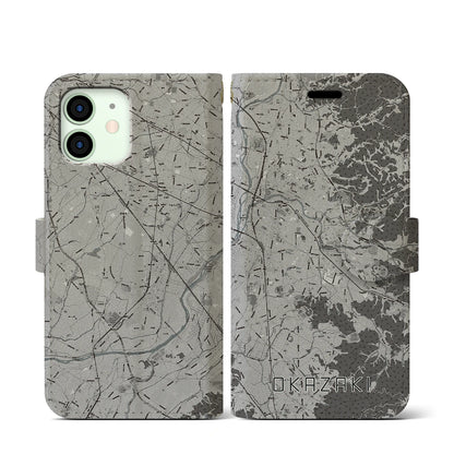 【岡崎（愛知県）】地図柄iPhoneケース（手帳タイプ）モノトーン・iPhone 12 mini 用