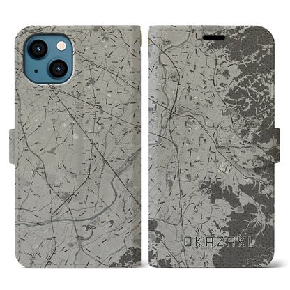 【岡崎（愛知県）】地図柄iPhoneケース（手帳タイプ）モノトーン・iPhone 13 用