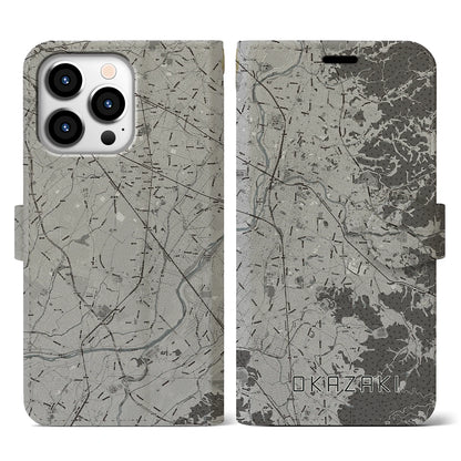 【岡崎（愛知県）】地図柄iPhoneケース（手帳タイプ）モノトーン・iPhone 13 Pro 用