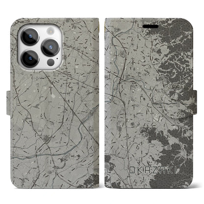 【岡崎（愛知県）】地図柄iPhoneケース（手帳タイプ）モノトーン・iPhone 14 Pro 用