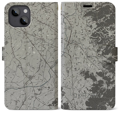 【岡崎（愛知県）】地図柄iPhoneケース（手帳タイプ）モノトーン・iPhone 14 Plus 用