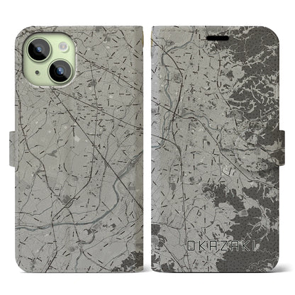 【岡崎（愛知県）】地図柄iPhoneケース（手帳タイプ）モノトーン・iPhone 15 用