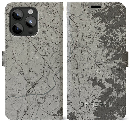 【岡崎（愛知県）】地図柄iPhoneケース（手帳タイプ）モノトーン・iPhone 15 Pro Max 用