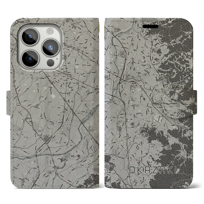 【岡崎（愛知県）】地図柄iPhoneケース（手帳タイプ）モノトーン・iPhone 15 Pro 用