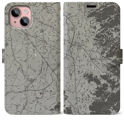 【岡崎（愛知県）】地図柄iPhoneケース（手帳タイプ）モノトーン・iPhone 15 Plus 用