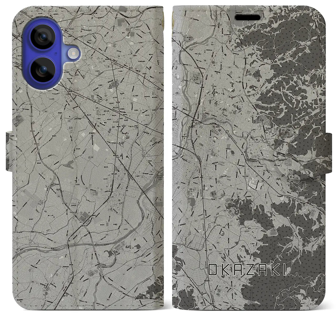 【岡崎(愛知県)】地図柄iPhoneケース(手帳タイプ)モノトーン・iPhone 16 Pro Max 用