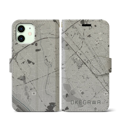 【桶川（埼玉県）】地図柄iPhoneケース（手帳タイプ）モノトーン・iPhone 12 mini 用