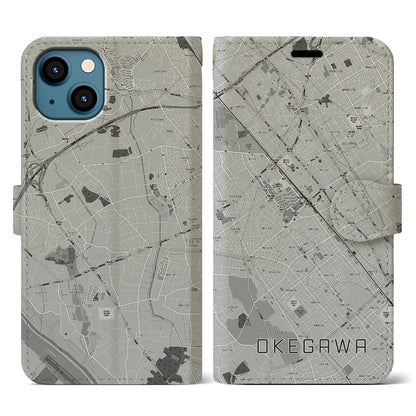 【桶川（埼玉県）】地図柄iPhoneケース（手帳タイプ）モノトーン・iPhone 13 用