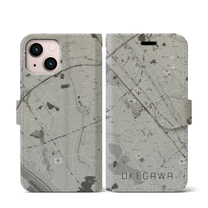 【桶川（埼玉県）】地図柄iPhoneケース（手帳タイプ）モノトーン・iPhone 13 mini 用