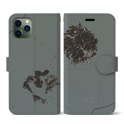 【隠岐（島根県）】地図柄iPhoneケース（手帳タイプ）モノトーン・iPhone 11 Pro 用