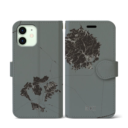 【隠岐（島根県）】地図柄iPhoneケース（手帳タイプ）モノトーン・iPhone 12 mini 用