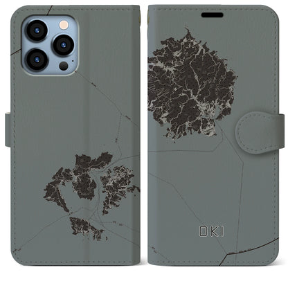 【隠岐（島根県）】地図柄iPhoneケース（手帳タイプ）モノトーン・iPhone 13 Pro Max 用