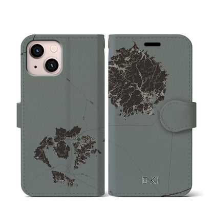 【隠岐（島根県）】地図柄iPhoneケース（手帳タイプ）モノトーン・iPhone 13 mini 用