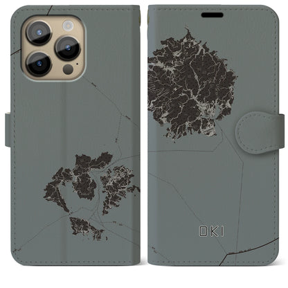 【隠岐（島根県）】地図柄iPhoneケース（手帳タイプ）モノトーン・iPhone 14 Pro Max 用