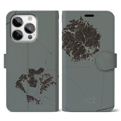 【隠岐（島根県）】地図柄iPhoneケース（手帳タイプ）モノトーン・iPhone 14 Pro 用