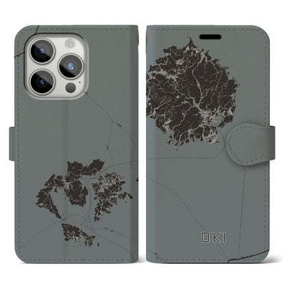 【隠岐（島根県）】地図柄iPhoneケース（手帳タイプ）モノトーン・iPhone 15 Pro 用