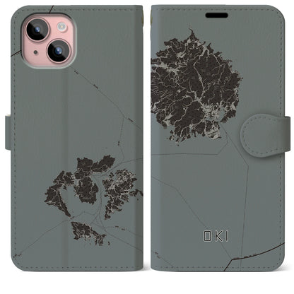 【隠岐（島根県）】地図柄iPhoneケース（手帳タイプ）モノトーン・iPhone 15 Plus 用