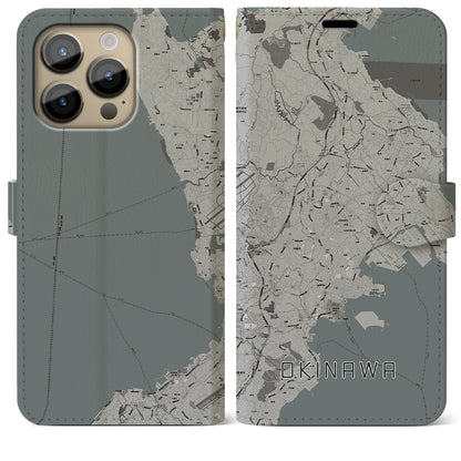 【沖縄（沖縄県）】地図柄iPhoneケース（手帳タイプ）モノトーン・iPhone 14 Pro Max 用