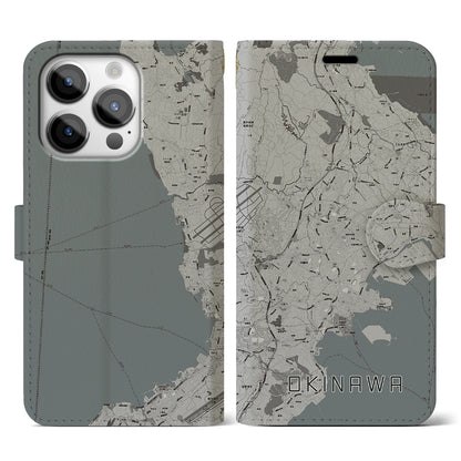 【沖縄（沖縄県）】地図柄iPhoneケース（手帳タイプ）モノトーン・iPhone 14 Pro 用